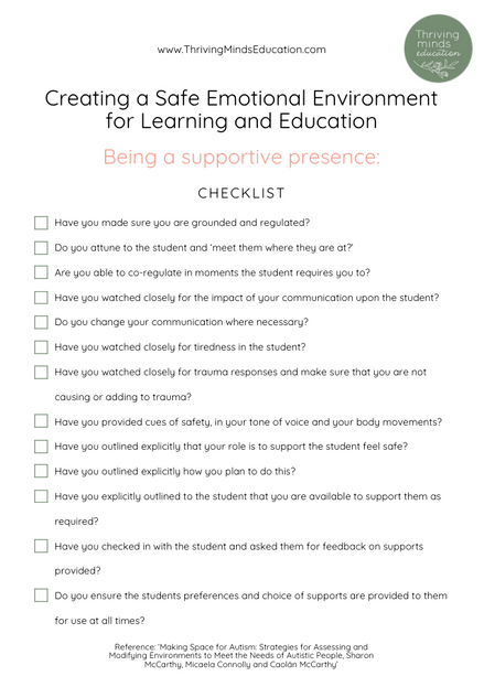 Creating a Safe Emotional Environment for Learning and Education: Being a supportive presence - Digital Checklist
