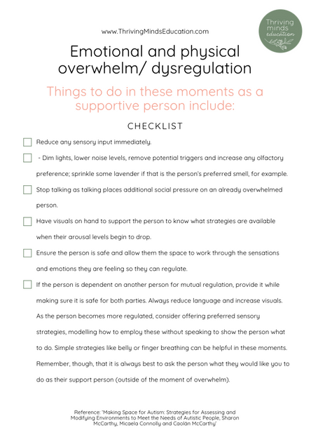Emotional and physical overwhelm/ dysregulation checklist for a supportive person
