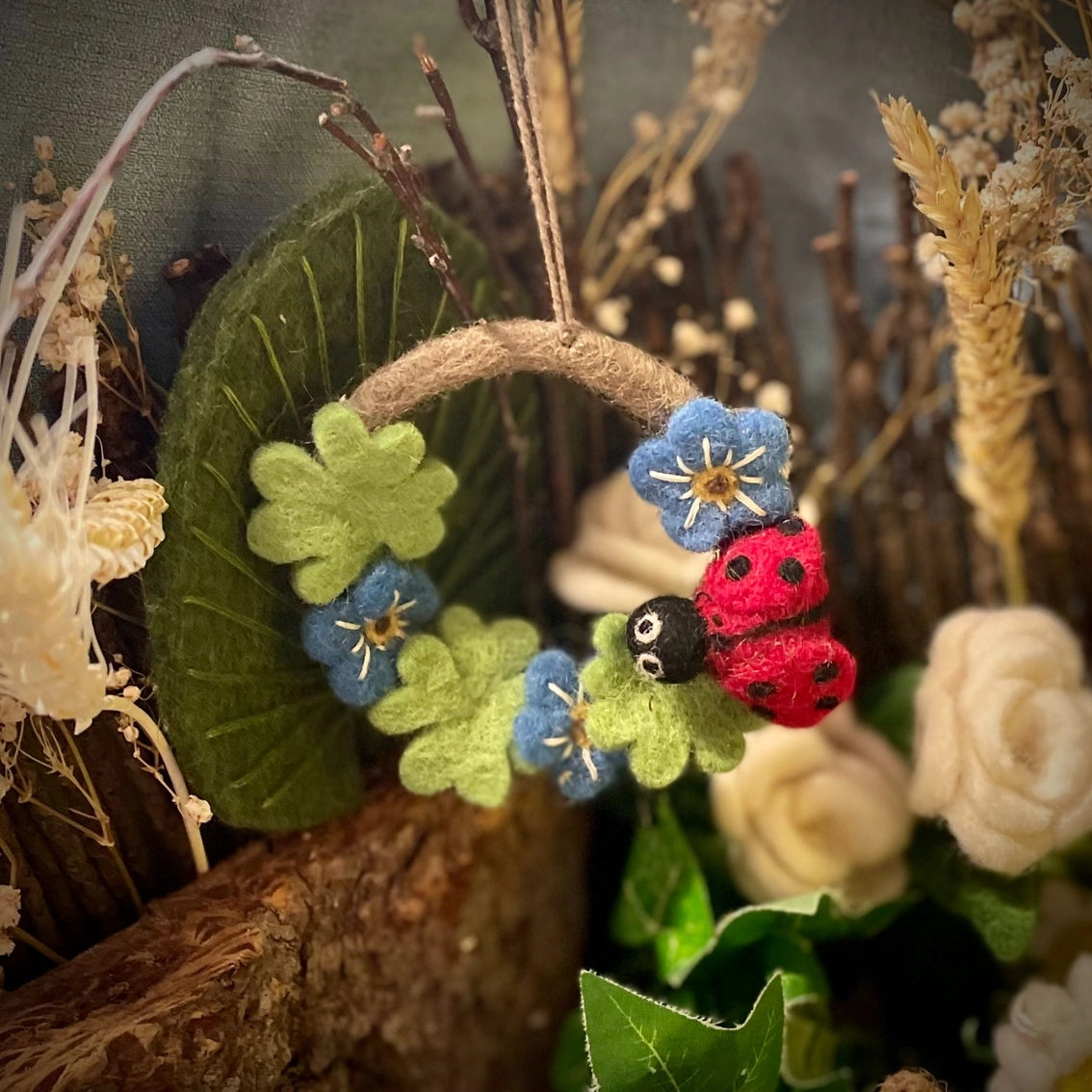 Handmade Felt Ladybird Mini Wreath Hanging Decoration