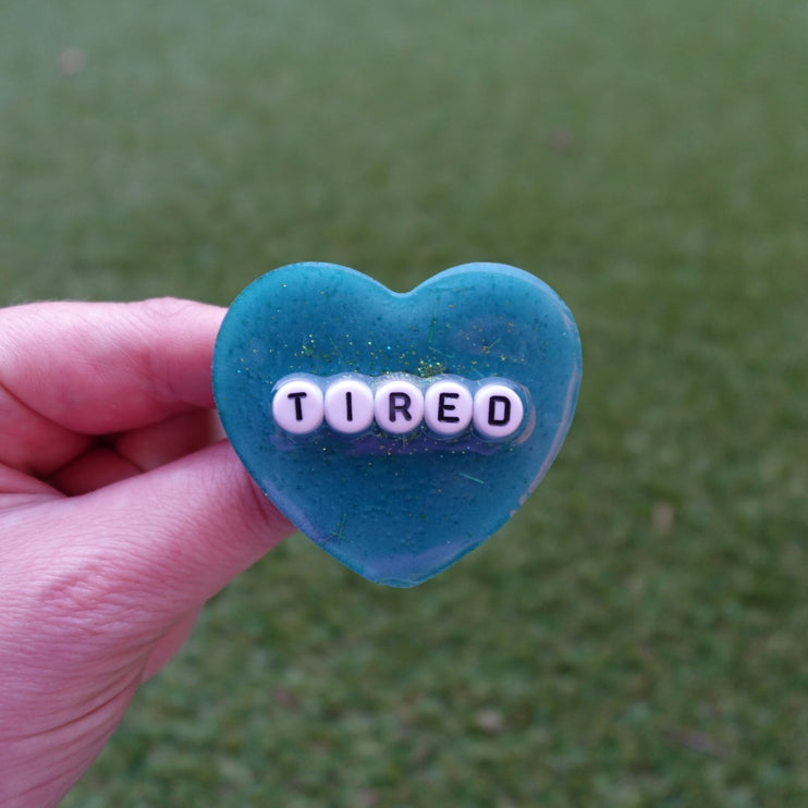 'Tired' Resin Heart Brooch
