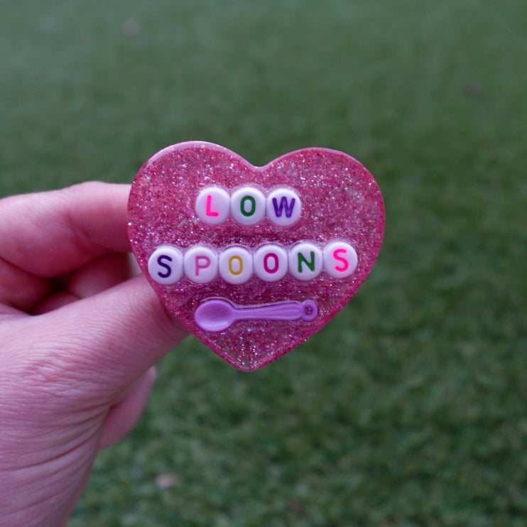 'Low Spoons' Resin Heart Brooch