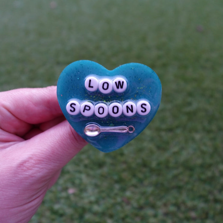 'Low Spoons' Resin Heart Brooch