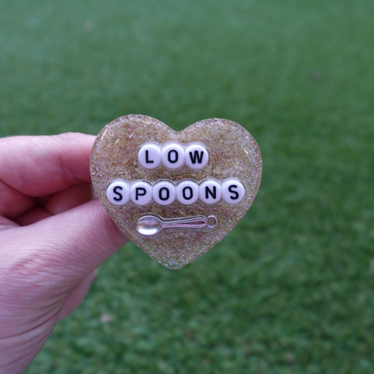 'Low Spoons' Resin Heart Brooch