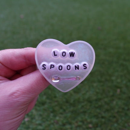'Low Spoons' Resin Heart Brooch