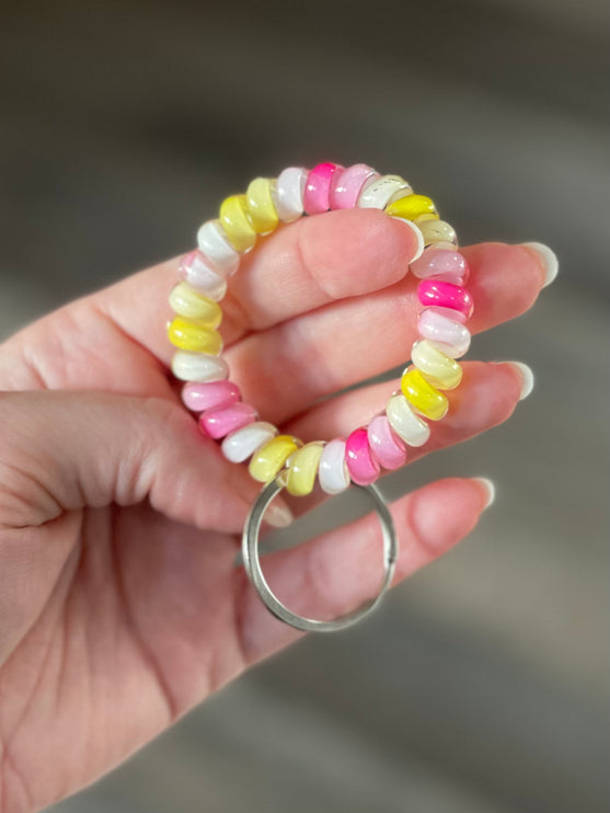 Pink & Yellow Stretchable Spiral Wristband Keyring