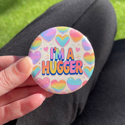'I'm a hugger' Hearts Button Badge