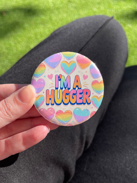 'I'm a hugger' Hearts Button Badge