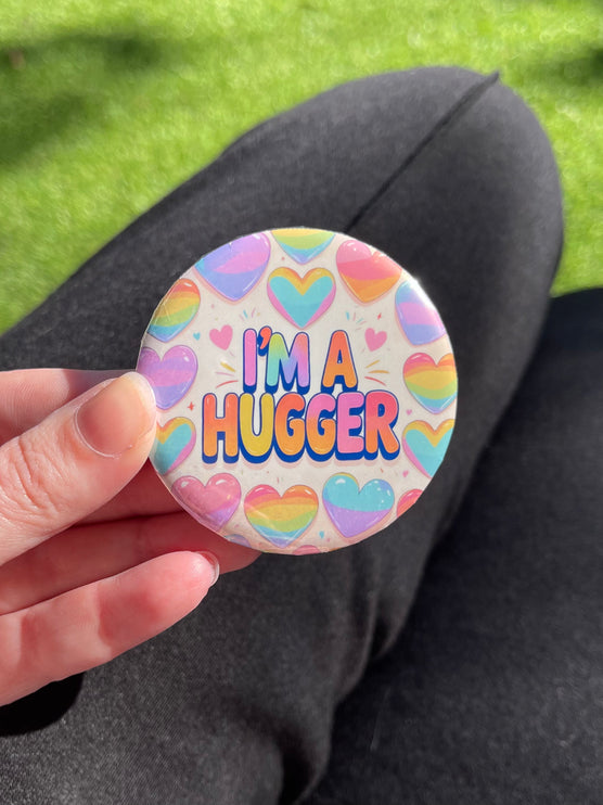 'I'm a hugger' Hearts Button Badge