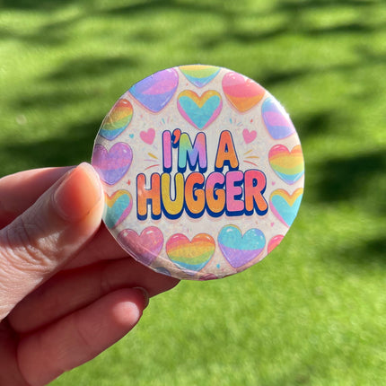 'I'm a hugger' Hearts Button Badge