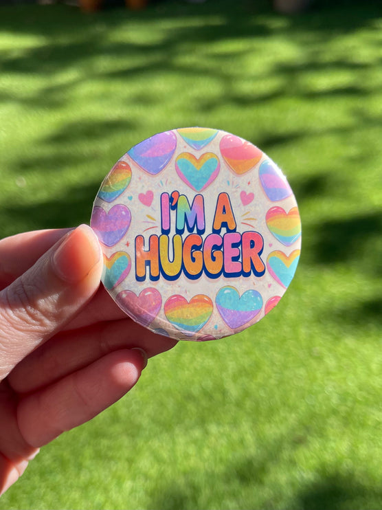 'I'm a hugger' Hearts Button Badge