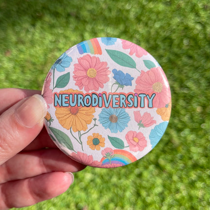 'Neurodiversity' Flowers and Rainbows Button Badge