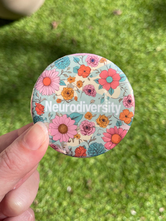'Neurodiversity' Blue and Pink Flowers Button Badge