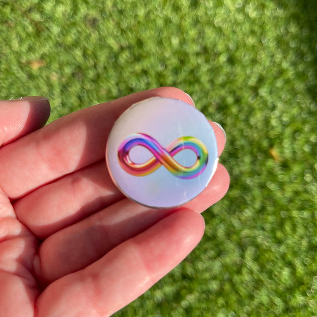 Infinity Shape Button Metallic Style Rainbow Infinity Symbol Button Badge – Thriving Minds ...