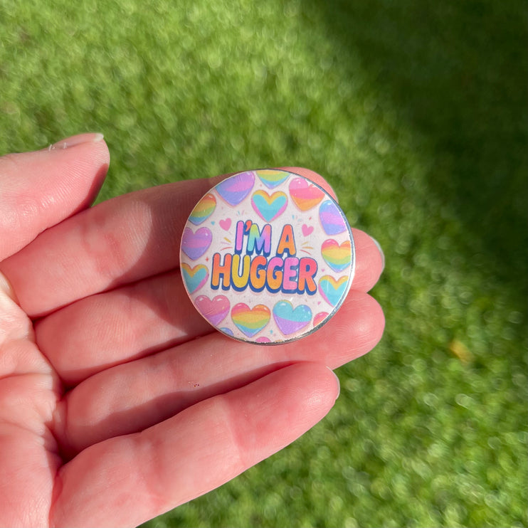 'I'm a hugger' Hearts Button Badge