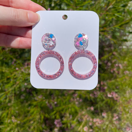 Pink Glitter Hearts Circle Earrings