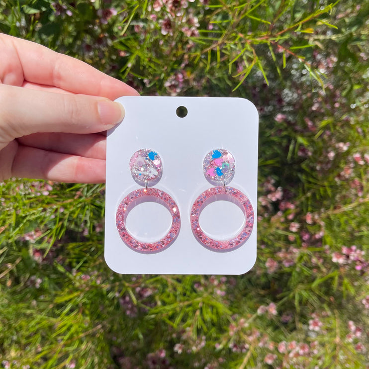 Pink Glitter Hearts Circle Earrings