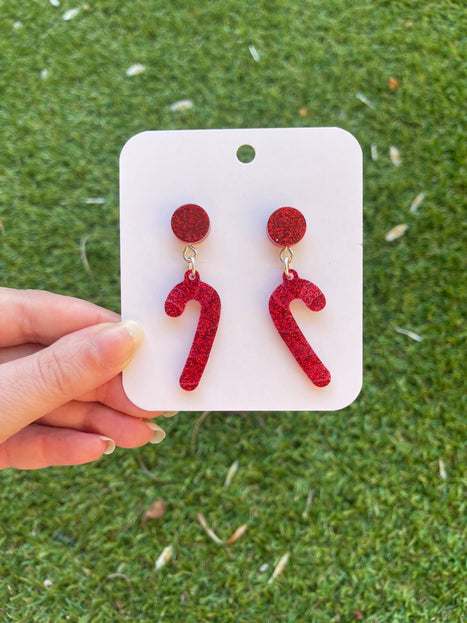 Candy Cane Glitter Earrings- Red
