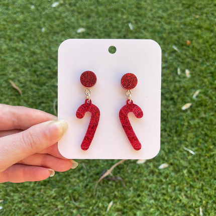 Candy Cane Glitter Earrings- Red
