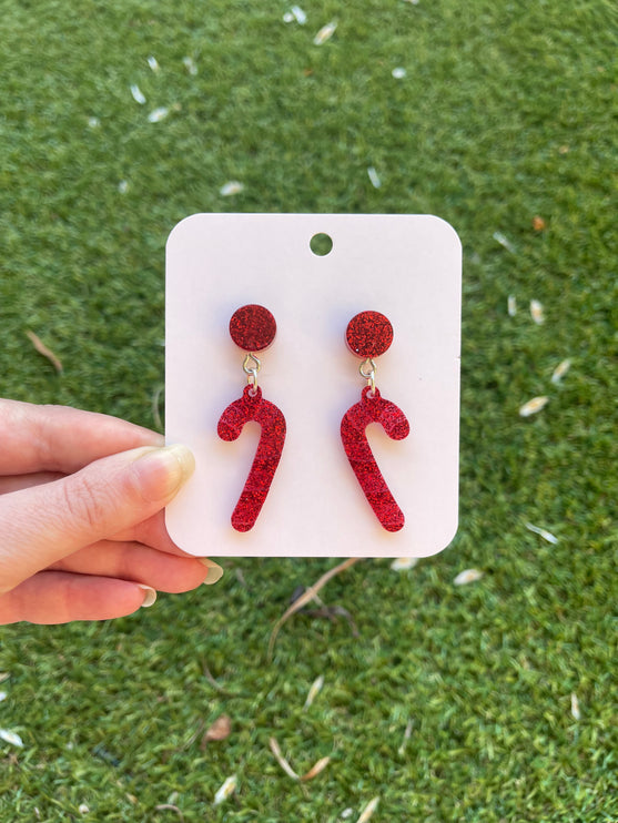 Candy Cane Glitter Earrings- Red