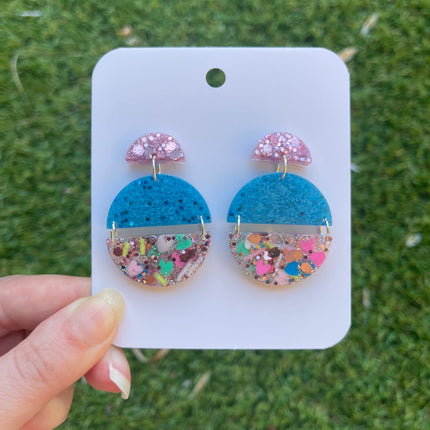 Circles Dangle Glitter Earrings- Confetti and Blue