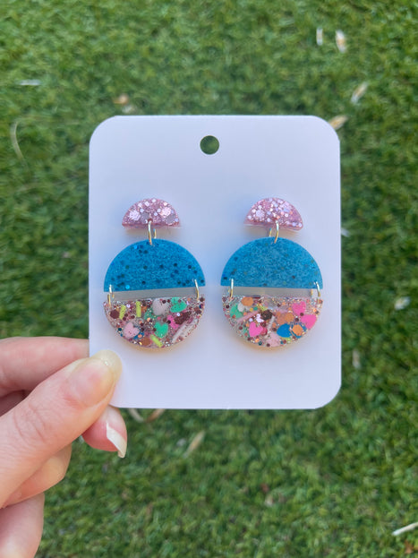 Circles Dangle Glitter Earrings- Confetti and Blue