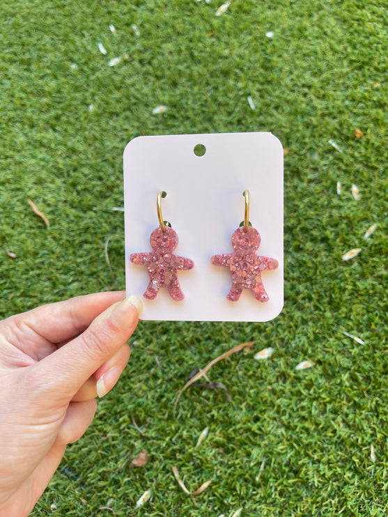 Gingerbread Folk Glitter Earrings- Pink