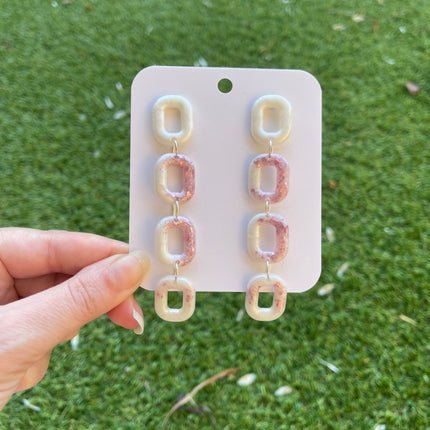 Square Links Glitter Earrings- White and pink