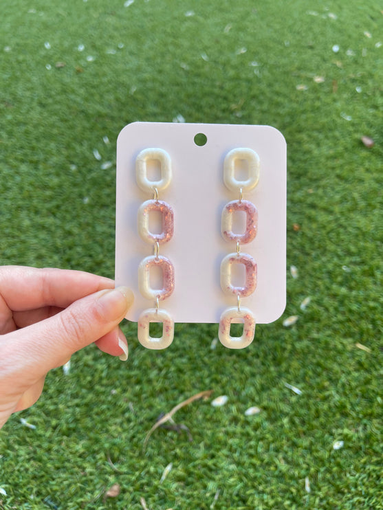 Square Links Glitter Earrings- White and pink