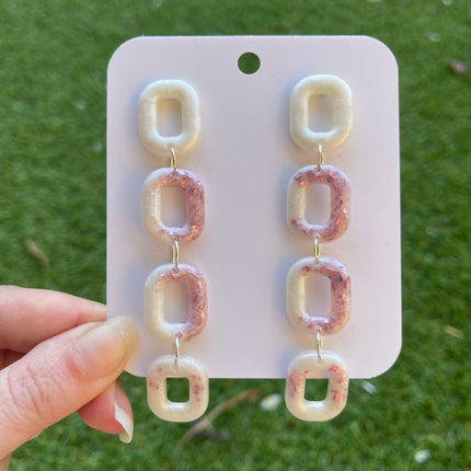 Square Links Glitter Earrings- White and pink