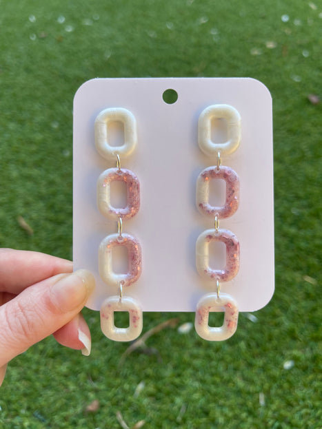 Square Links Glitter Earrings- White and pink