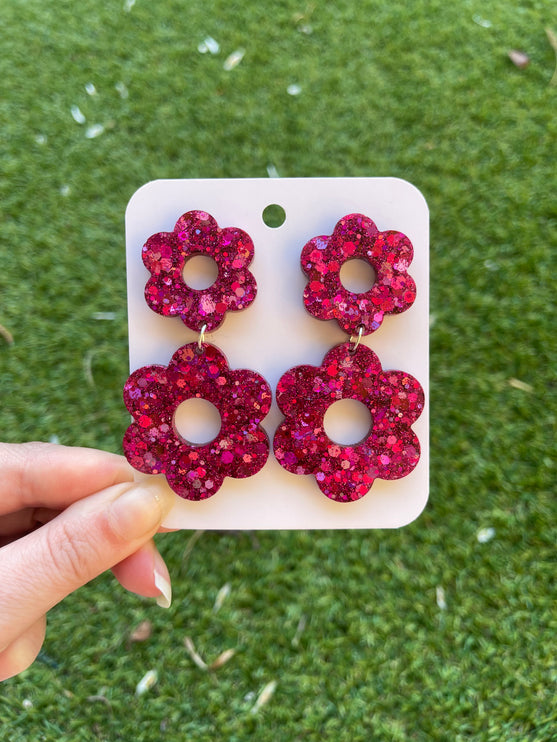 Daisy Glitter Earrings- Fuschia