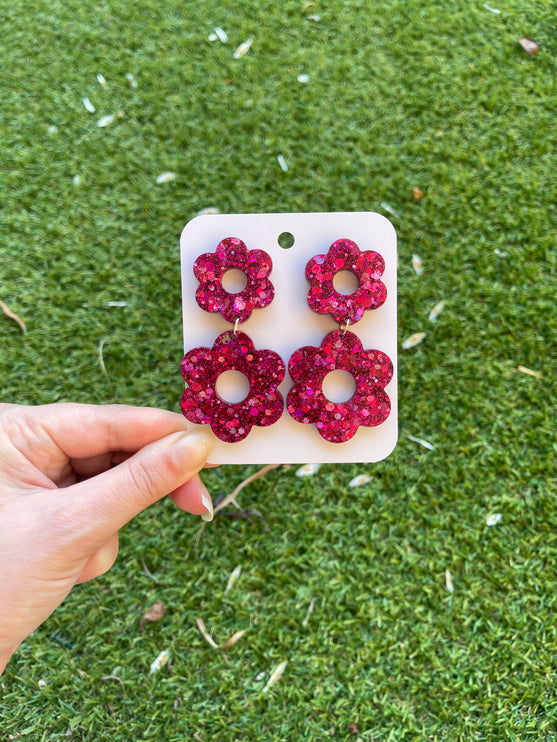 Daisy Glitter Earrings- Fuschia