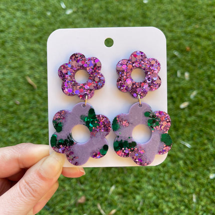 Daisy Glitter Earrings- Emerald and Purple