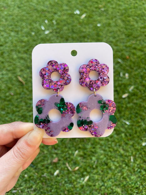 Daisy Glitter Earrings- Emerald and Purple