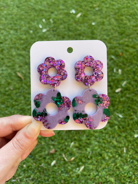 Daisy Glitter Earrings- Emerald and Purple