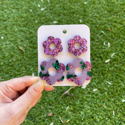 Daisy Glitter Earrings- Emerald and Purple