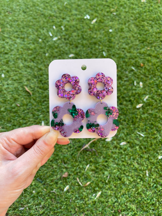 Daisy Glitter Earrings- Emerald and Purple