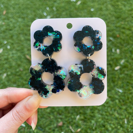 Daisy Glitter Earrings- Navy and Holographic