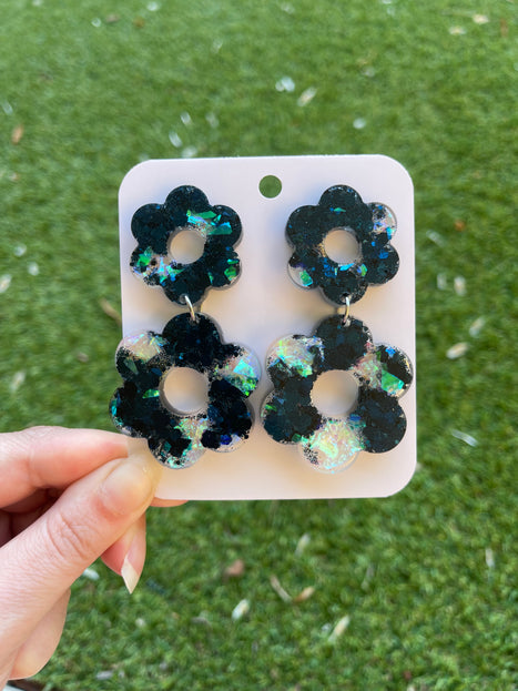 Daisy Glitter Earrings- Navy and Holographic