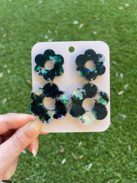 Daisy Glitter Earrings- Navy and Holographic