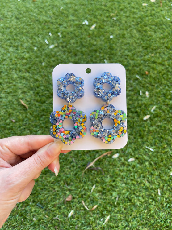Daisy Glitter Earrings- Blue and Hearts