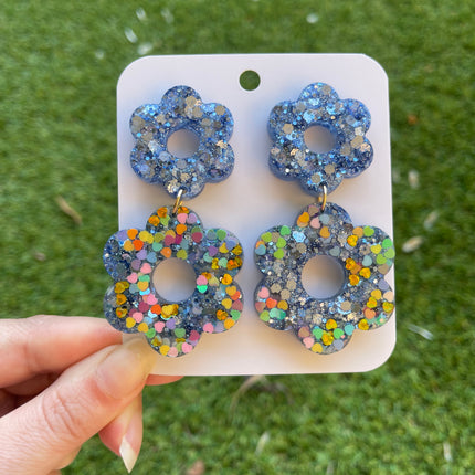 Daisy Glitter Earrings- Blue and Hearts