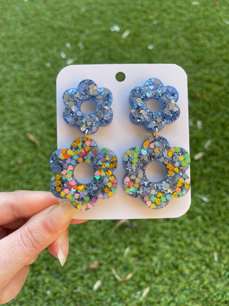 Daisy Glitter Earrings- Blue and Hearts