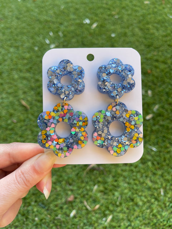 Daisy Glitter Earrings- Blue and Hearts