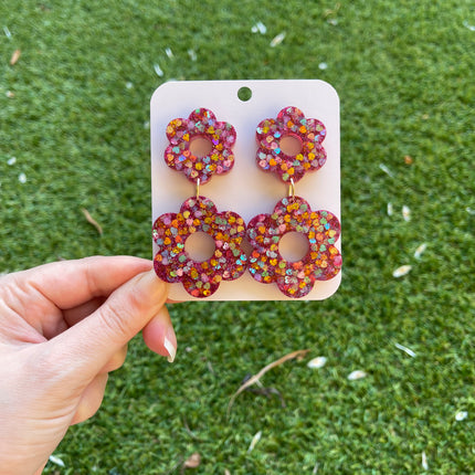 Daisy Glitter Earrings- Fuschia hearts