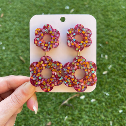 Daisy Glitter Earrings- Fuschia hearts