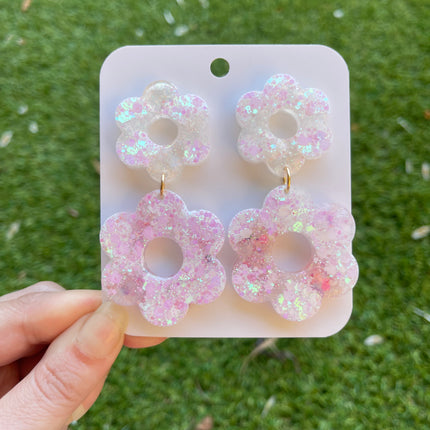 Daisy Glitter Earrings- White and pink