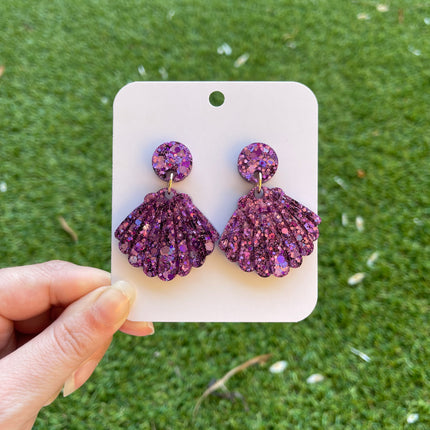 Clam Shell Glitter Earrings- Purple