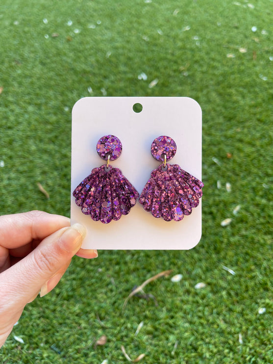 Clam Shell Glitter Earrings- Purple