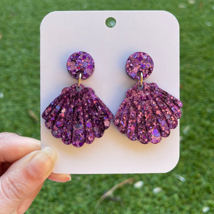 Clam Shell Glitter Earrings- Purple